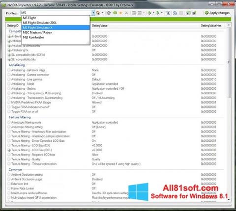 Skärmdump NVIDIA Inspector för Windows 8.1