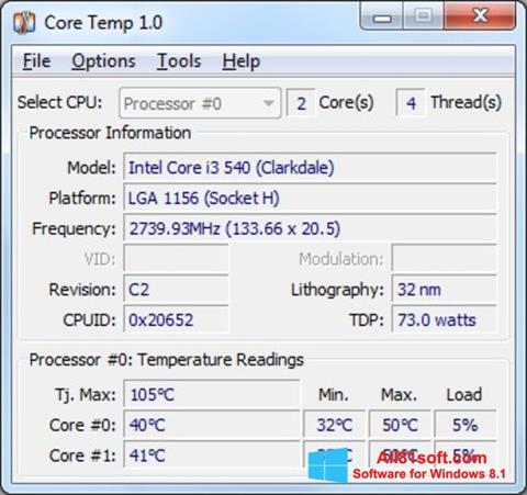 Skärmdump Core Temp för Windows 8.1